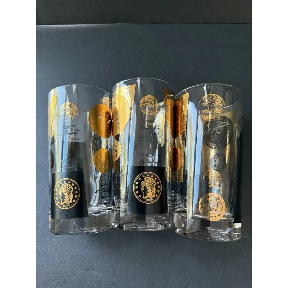 Vintage Cera 22K Gold Black Coin Hiball Glasses Tumblers 1960s Set (3) MCM Deco
